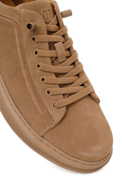 Erkek Bej Bağcıklı Kalın Tabanlı Süet Deri Sneaker