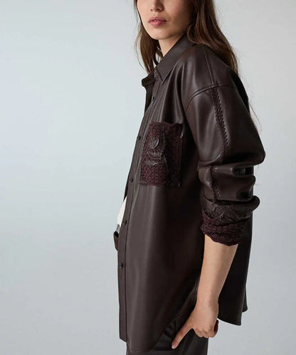 Kahverengi Floral Aplikeli Suni Deri Gömlek Ceket Iw6260148009074 | Ipekyol