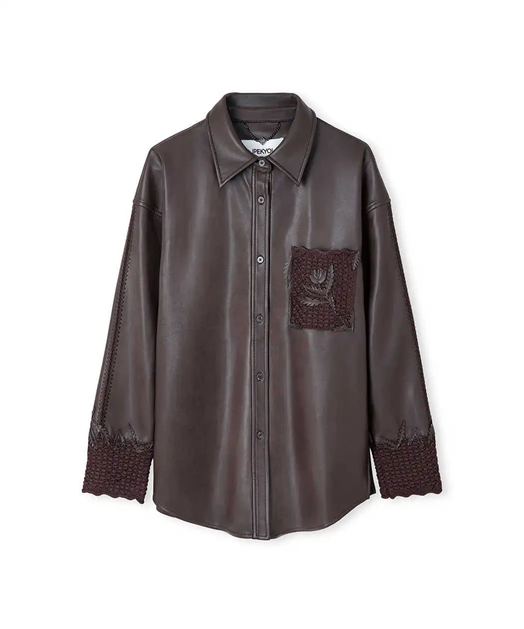 Kahverengi Floral Aplikeli Suni Deri Gömlek Ceket Iw6260148009074 | Ipekyol
