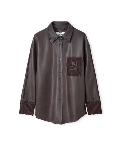 Kahverengi Floral Aplikeli Suni Deri Gömlek Ceket Iw6260148009074 | Ipekyol