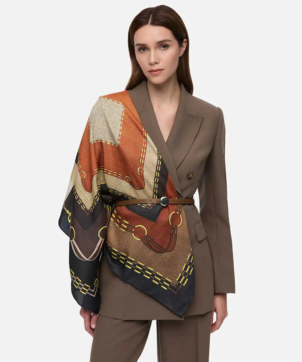 Kahverengi Görsel Baskılı Colorblock Eşarp Iw6260065012074 | Ipekyol
