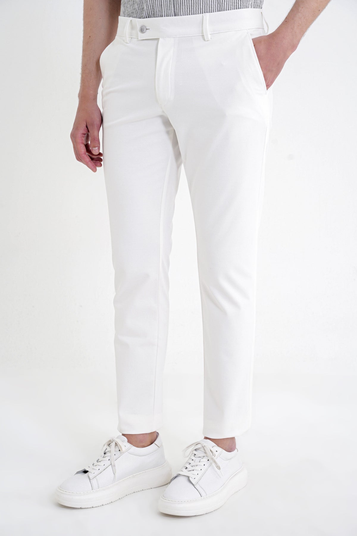 Comfort Fit Rahat Kalıp Yan Cep Pamuklu Dokulu Ekru Pantolon P 1219