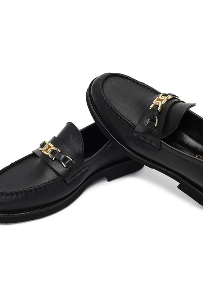 Kadın Siyah Tokalı Deri Loafer