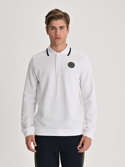 Fenerbahçe Beyaz Tribün Tek Renk Logolu Uzun Kollu Erkek Polo Tshirt