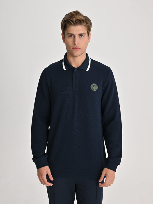Fenerbahçe Lacivert Tribün Tek Renk Logolu Uzun Kollu Erkek Polo Tshirt