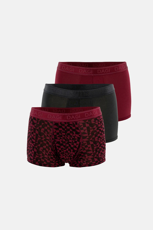 Bordo-siyah 3'lü Desenli Micro Modal Boxer
