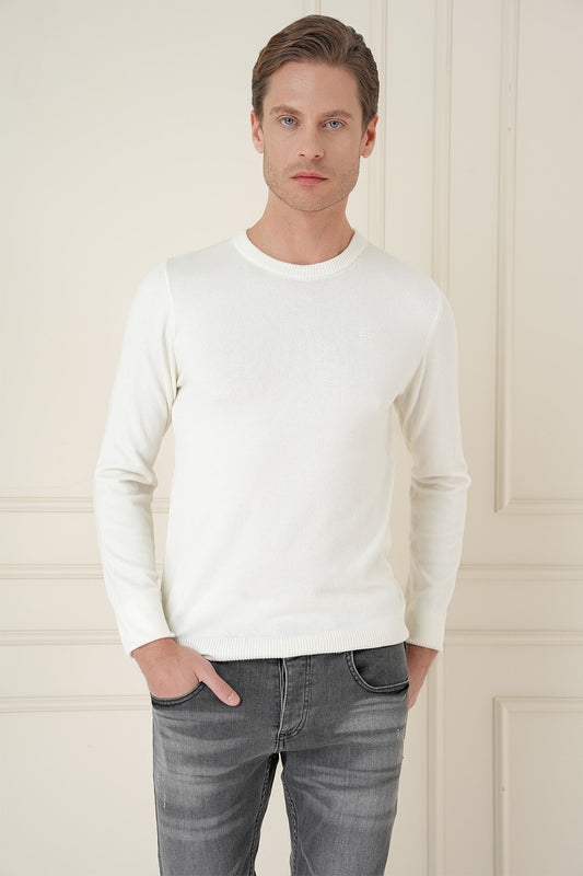 slim Fit Ribanalı Düz Ekru Yünlü Bisiklet Yaka Triko Kazak Tr 900