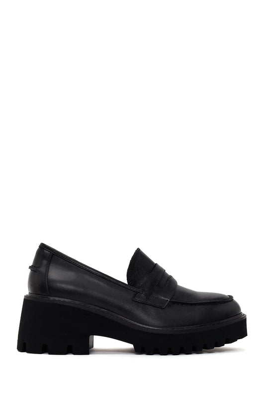Kadın Siyah Kalın Topuklu Deri Maskülen Loafer