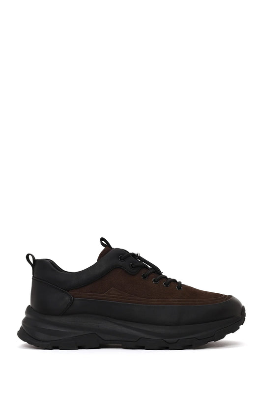 Erkek Kahverengi Bağcıklı Kalın Tabanlı Deri Casual Sneaker