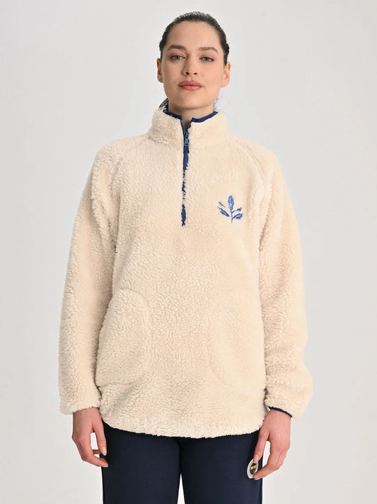 Fenerbahçe Ekru Trend Biye Detaylı Peluş Kadın Oversize Sweatshirt