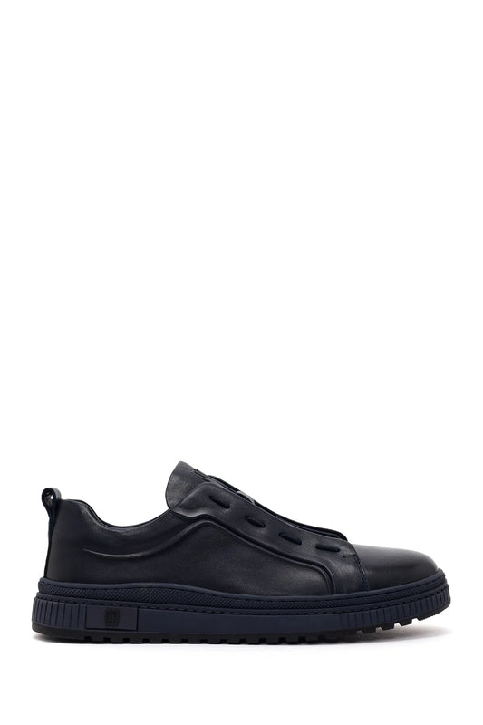Erkek Lacivert Bağcıklı Deri Sneaker