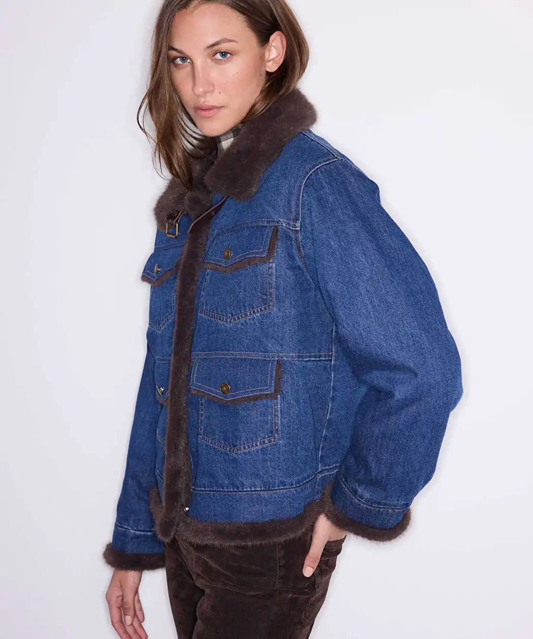 Mavi Suni Kürklü Denim Mont Iw6260012407629 | Ipekyol