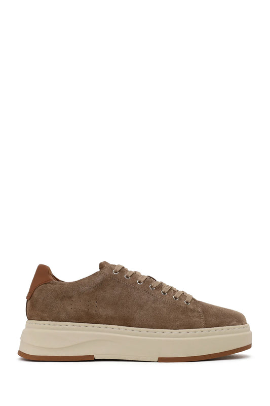 Erkek Bej Bağcıklı Kalın Tabanlı Süet Deri Sneaker