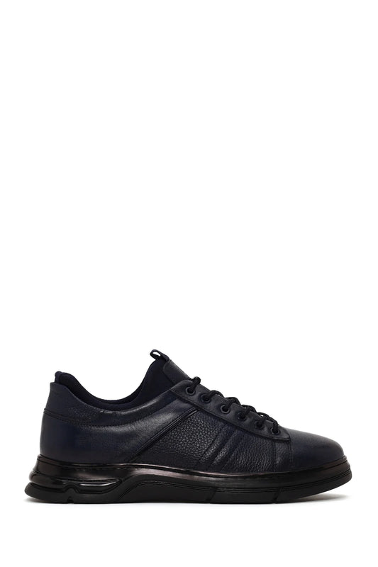 Erkek Lacivert Bağcıklı Deri Sneaker