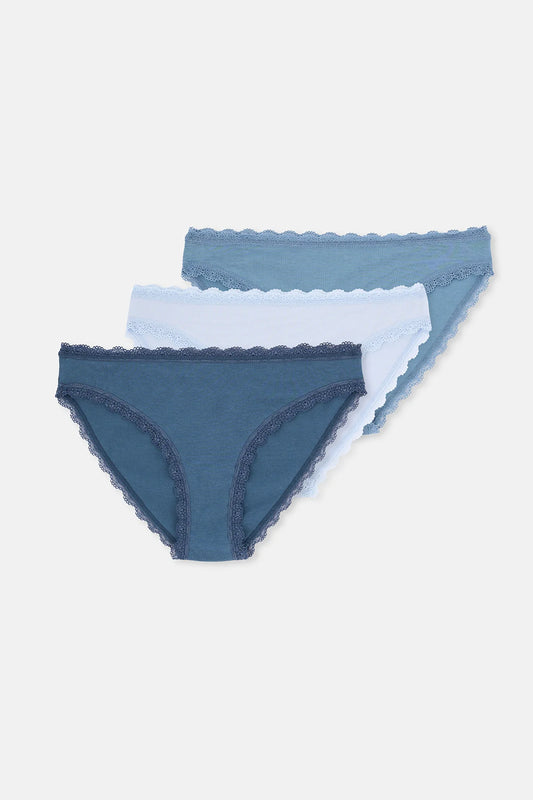 Açik Mavi-koyu Mavi 3'lü Bel Ve Paça Dantel Detaylı Düz Brief Külot