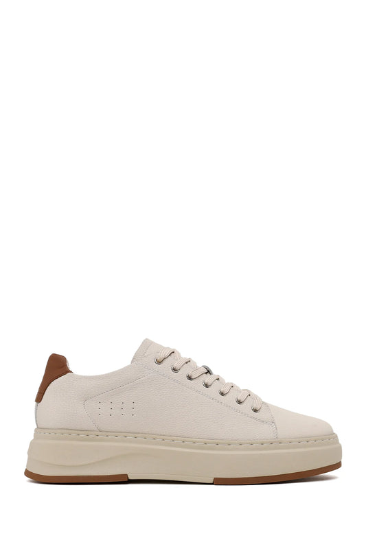 Erkek Beyaz Bağcıklı Kalın Tabanlı Deri Sneaker