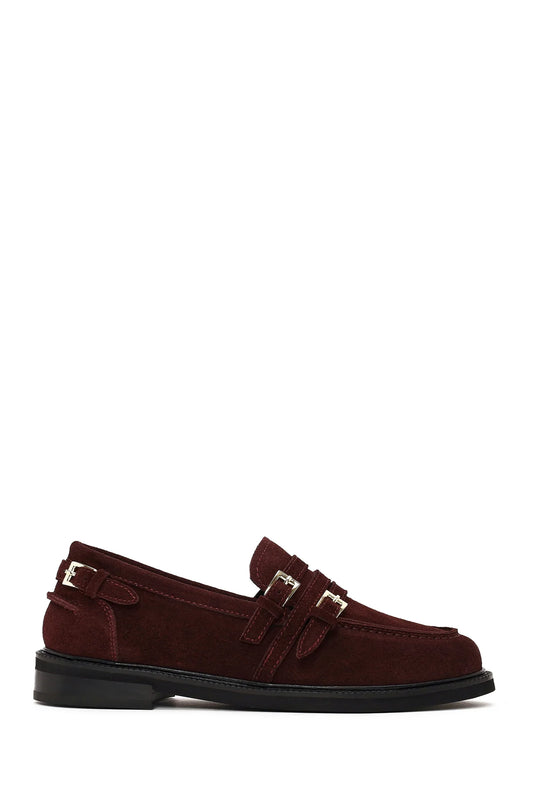 Kadın Bordo Tokalı Süet Deri Maskülen Loafer