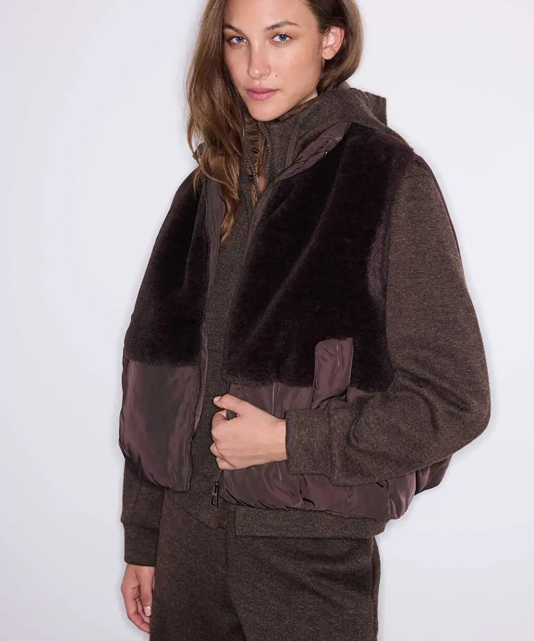 Kahverengi Kumaş Mix Bomber Yelek Iw6260007113074 | Ipekyol