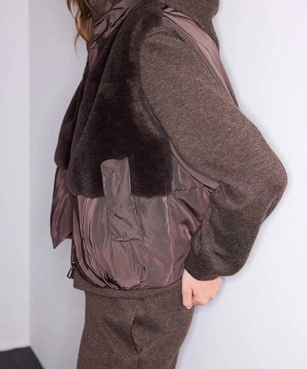 Kahverengi Kumaş Mix Bomber Yelek Iw6260007113074 | Ipekyol