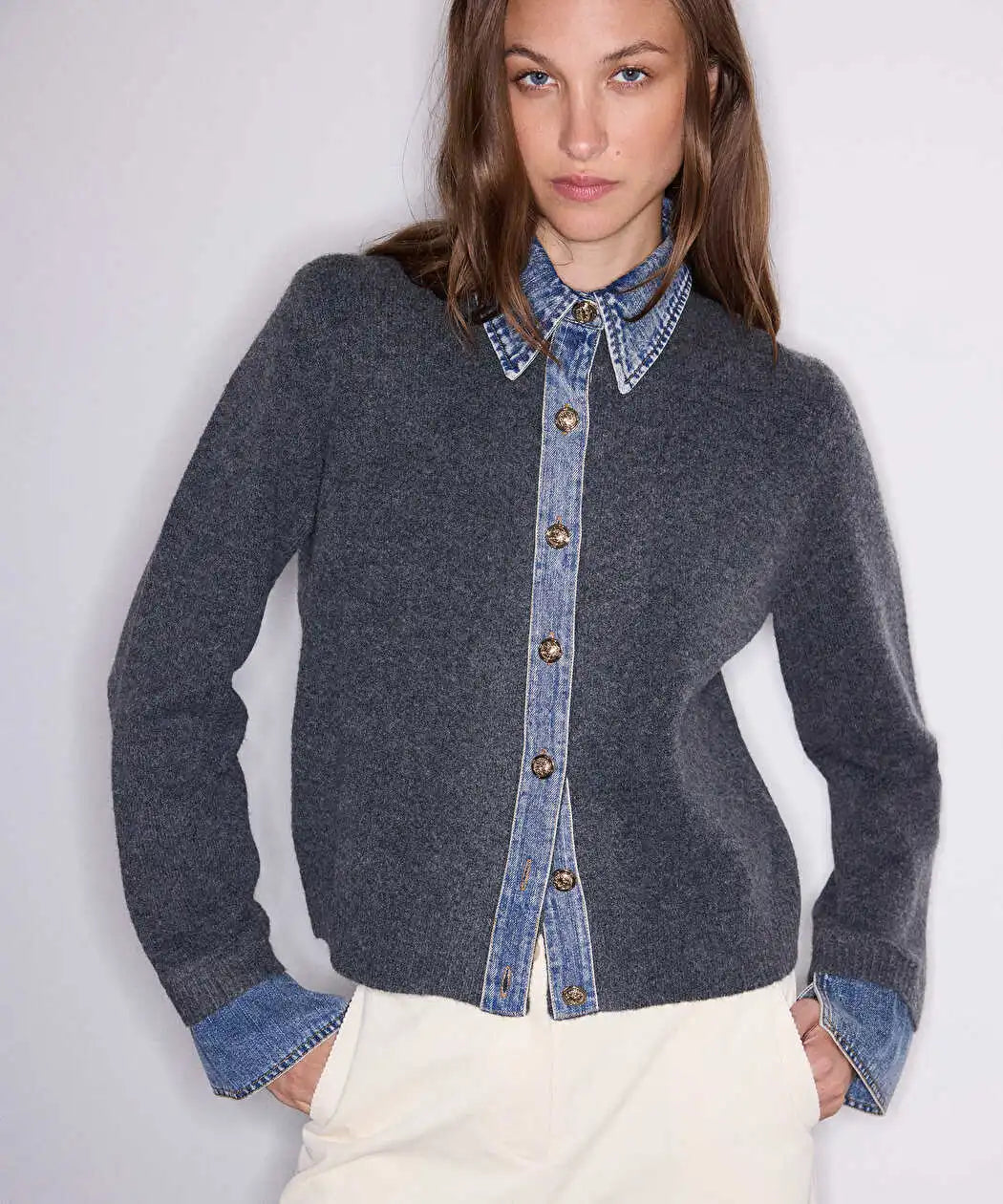Gri Çift Parça Görünüm Denim Mix Triko Iw6260050193126 | Ipekyol