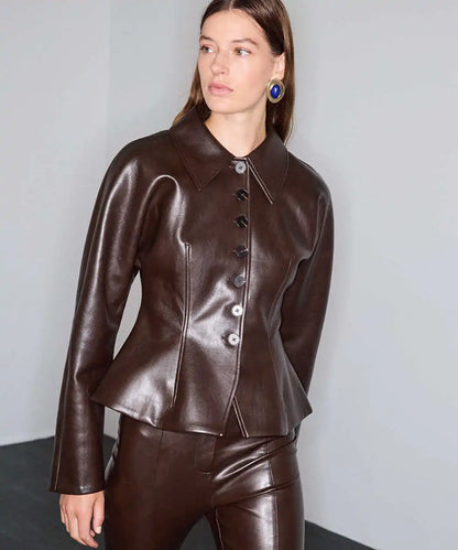 Kahverengi Deri Görünümlü Peplum Ceket Iw6260005140074 | Ipekyol