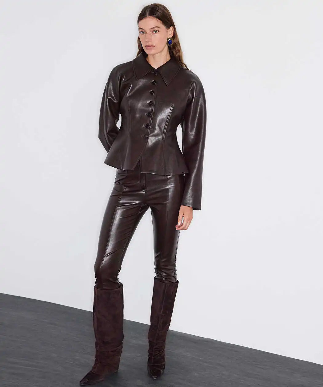 Kahverengi Deri Görünümlü Peplum Ceket Iw6260005140074 | Ipekyol