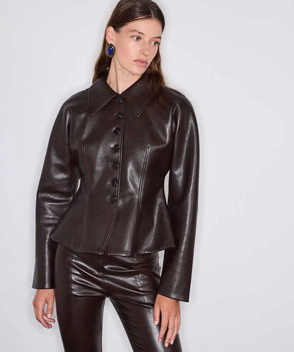 Kahverengi Deri Görünümlü Peplum Ceket Iw6260005140074 | Ipekyol