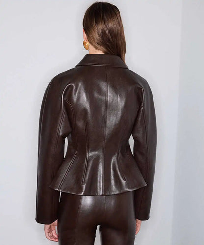 Kahverengi Deri Görünümlü Peplum Ceket Iw6260005140074 | Ipekyol