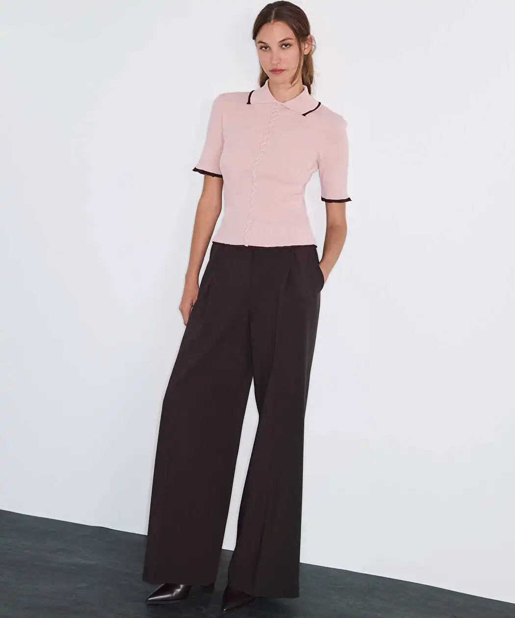 Pembe Suni Inci Işlemeli Kontrast Biyeli Triko Iw6260050196039 | Ipekyol