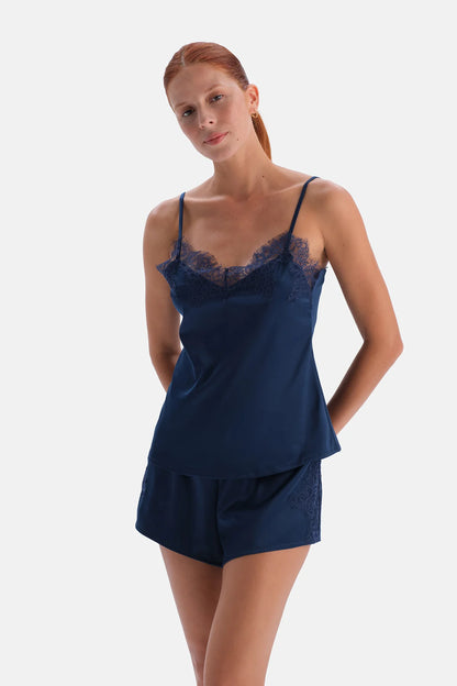 Lacivert Dantel Detaylı Camisole Ve Şort