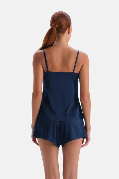 Lacivert Dantel Detaylı Camisole Ve Şort