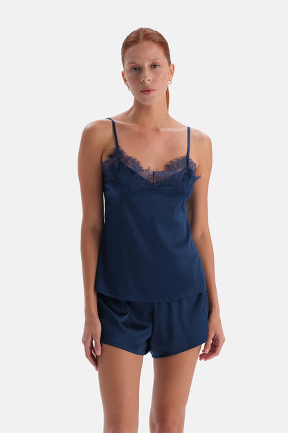 Lacivert Dantel Detaylı Camisole Ve Şort