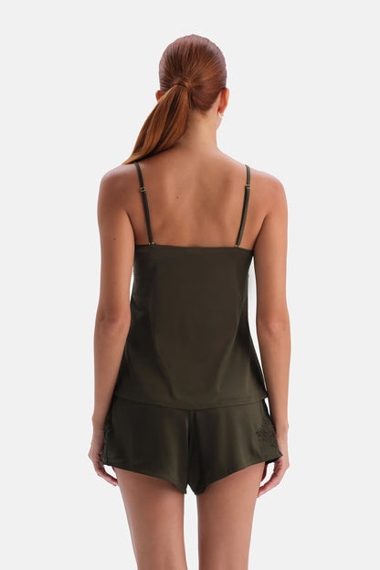 Haki Dantel Detaylı Camisole Ve Şort
