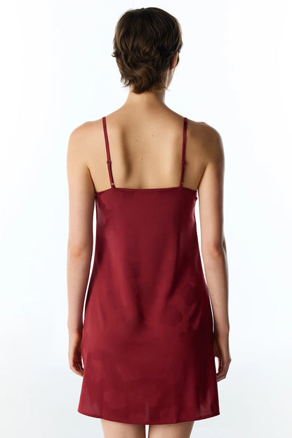 Bordo Orquidea Saten Çiçekli Gecelik