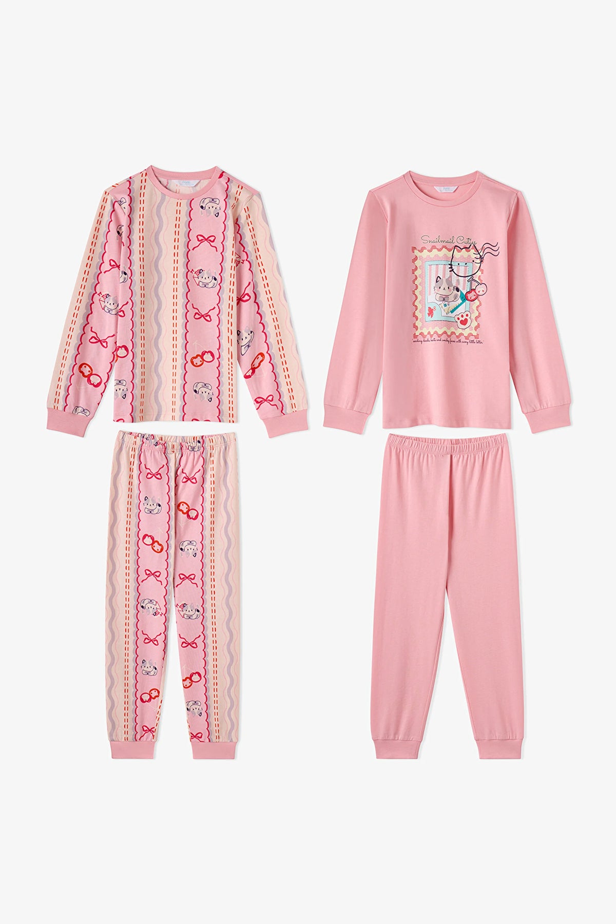 Kız Çocuk Pembe Snailmail Cuties Pamuklu Uzun Kollu 2'li Pijama Takımı