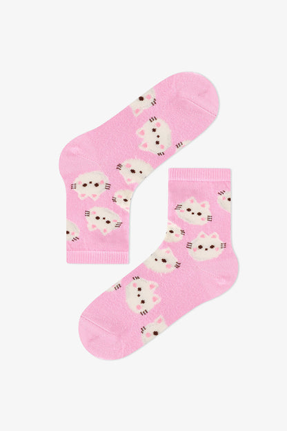 Kız Çocuk Pembe Fluffy Cat Kedi Desenli Pamuklu 4 Çift Soket Çorap