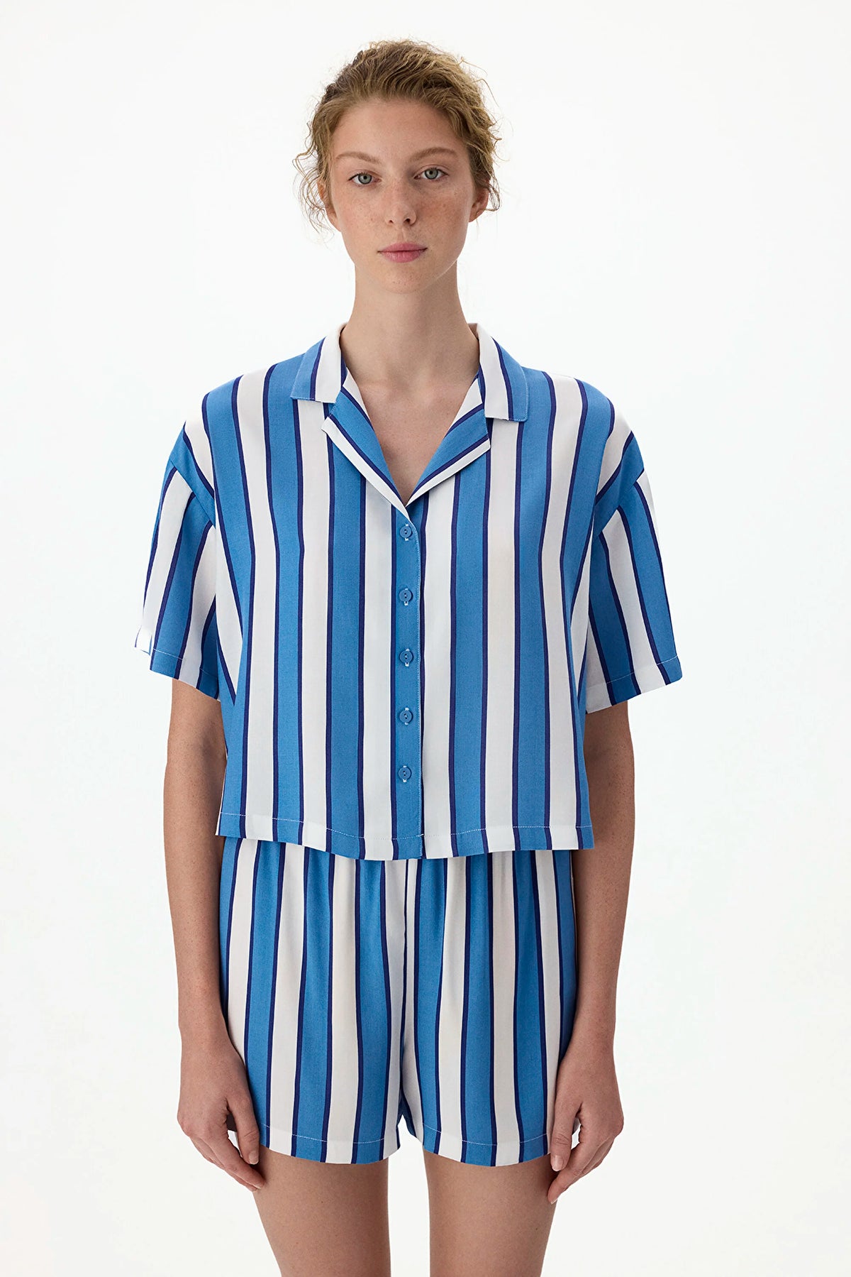 Mavi Vacation Çizgili Kısa Kollu Gömlek Şort Pijama Takımı