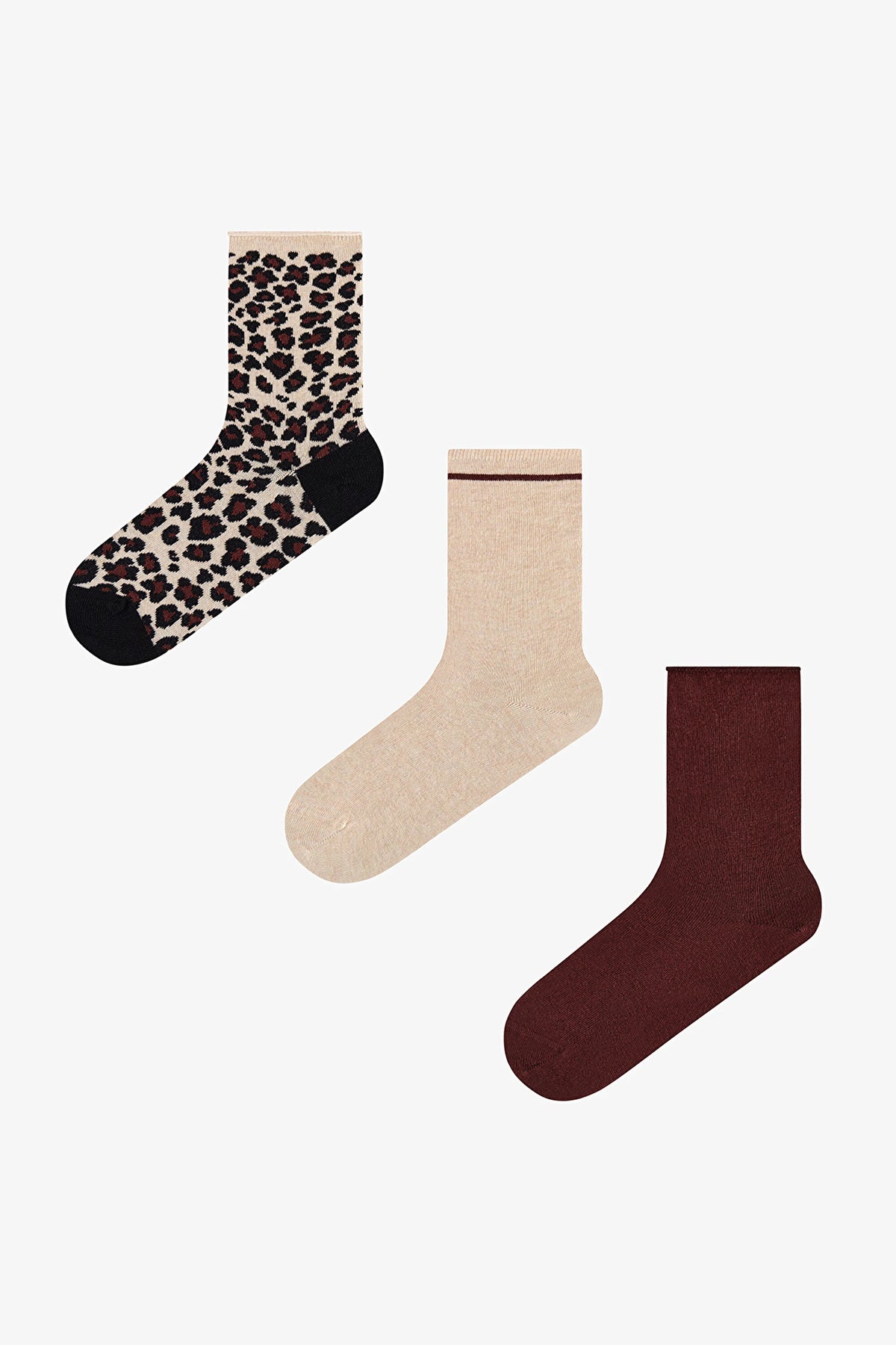 Bordo Bej Relax Leopar Pamuklu 3 Çift Soket Çorap