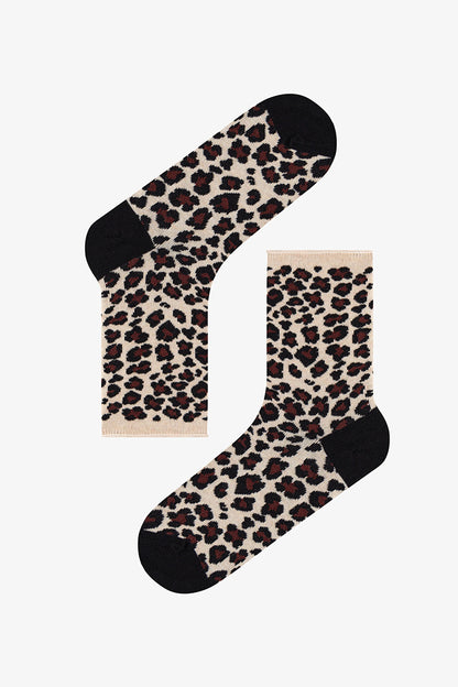 Bordo Bej Relax Leopar Pamuklu 3 Çift Soket Çorap