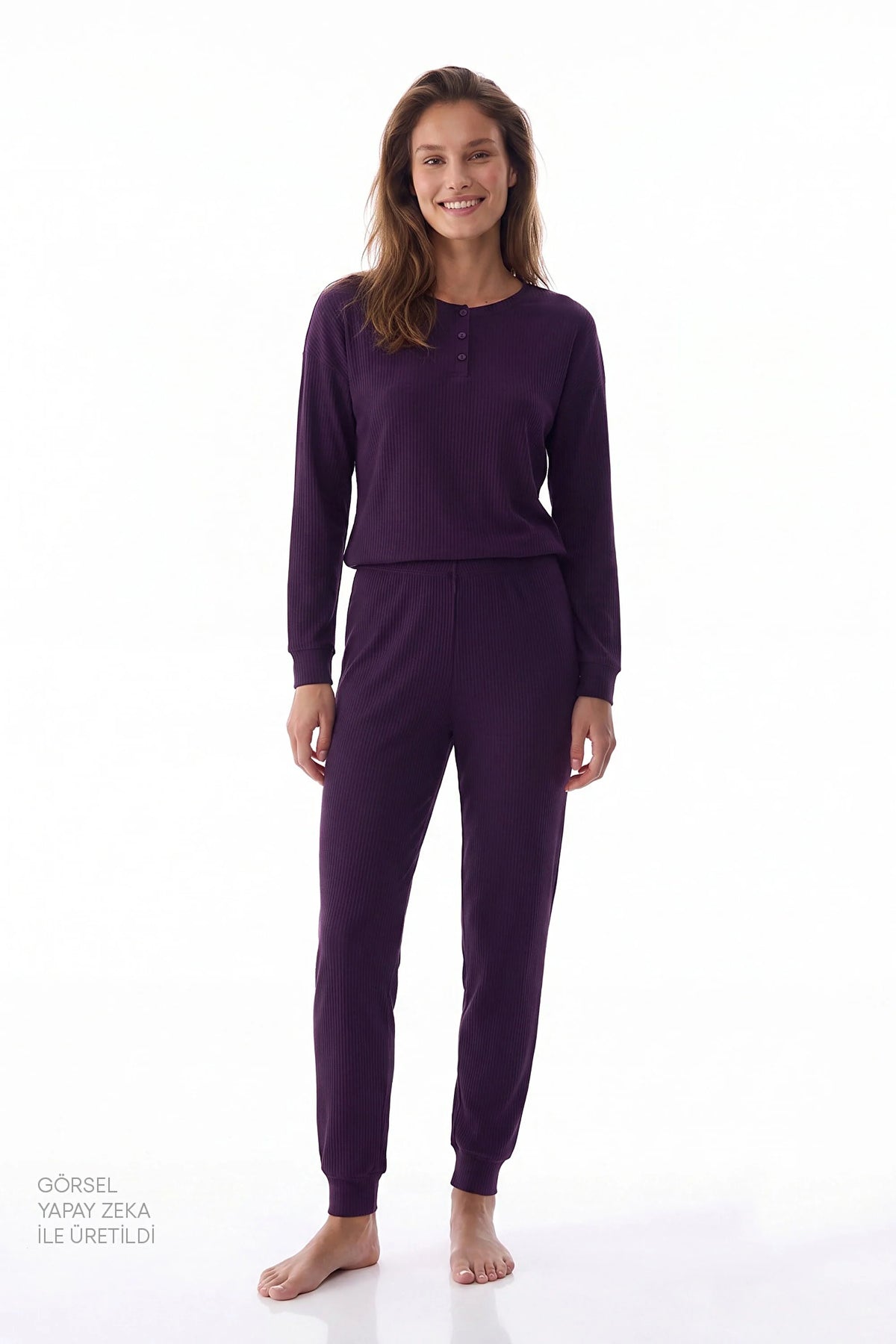 Mor Midnight Mood Fitilli Pantolon Uzun Kollu Pijama Takımı