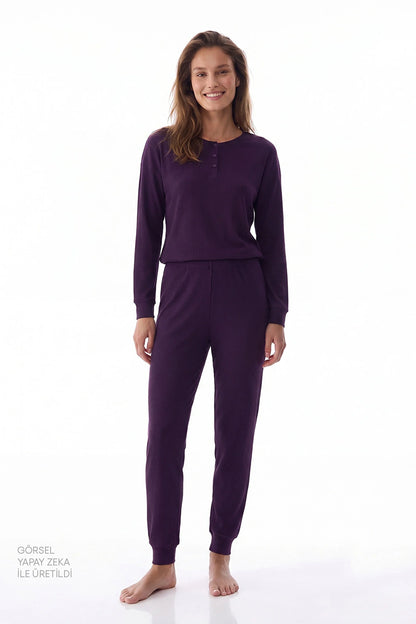 Mor Midnight Mood Fitilli Pantolon Uzun Kollu Pijama Takımı