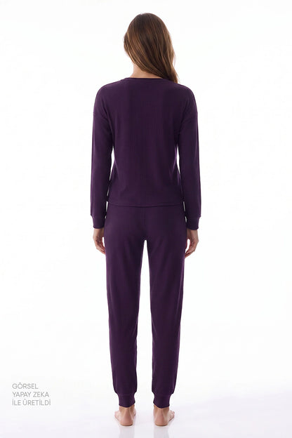 Mor Midnight Mood Fitilli Pantolon Uzun Kollu Pijama Takımı