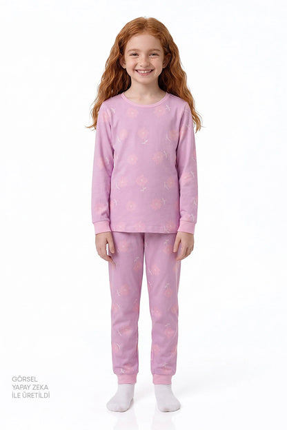 Kız Çocuk Pembe Love&peace Pamuklu Uzun Kollu 2'li Pijama Takımı