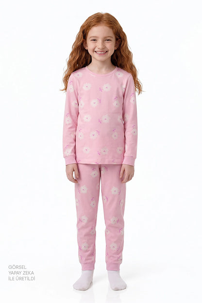 Kız Çocuk Pembe Love&peace Pamuklu Uzun Kollu 2'li Pijama Takımı