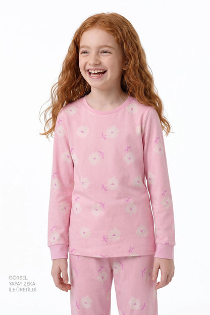 Kız Çocuk Pembe Love&peace Pamuklu Uzun Kollu 2'li Pijama Takımı