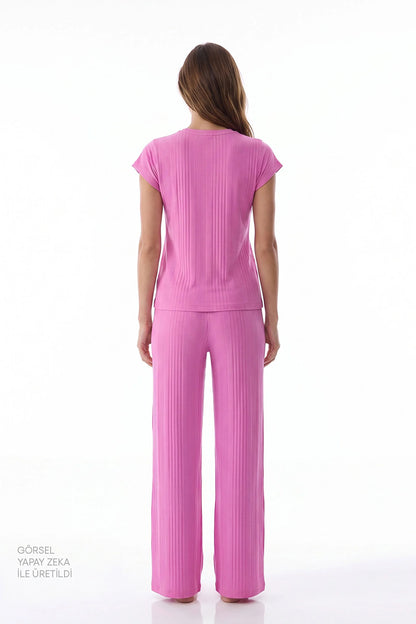 Lila Flora Kısa Kollu Pantolon Pijama Takımı