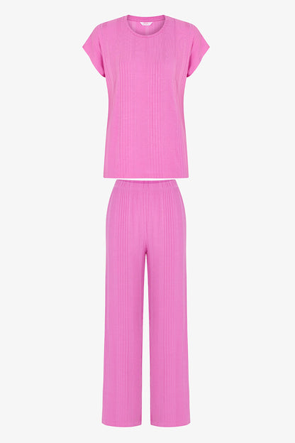Lila Flora Kısa Kollu Pantolon Pijama Takımı