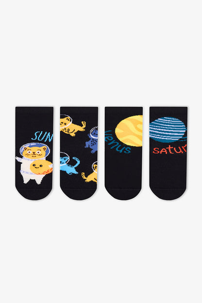 Erkek Çocuk Siyah Stellar Cats Kedi Desenli Pamuklu 4 Çift Soket Çorap