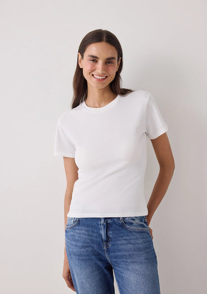 Beyaz Bisiklet Yaka Slim Fit Pamuklu Tişört
