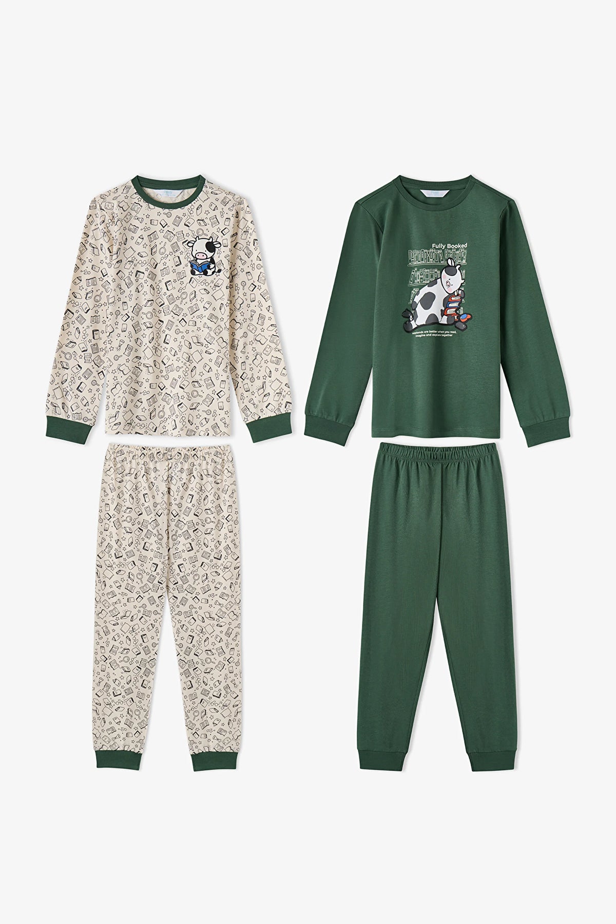 Erkek Çocuk Yeşil Fully Booked Pamuklu Uzun Kollu 2'li Pijama Takımı
